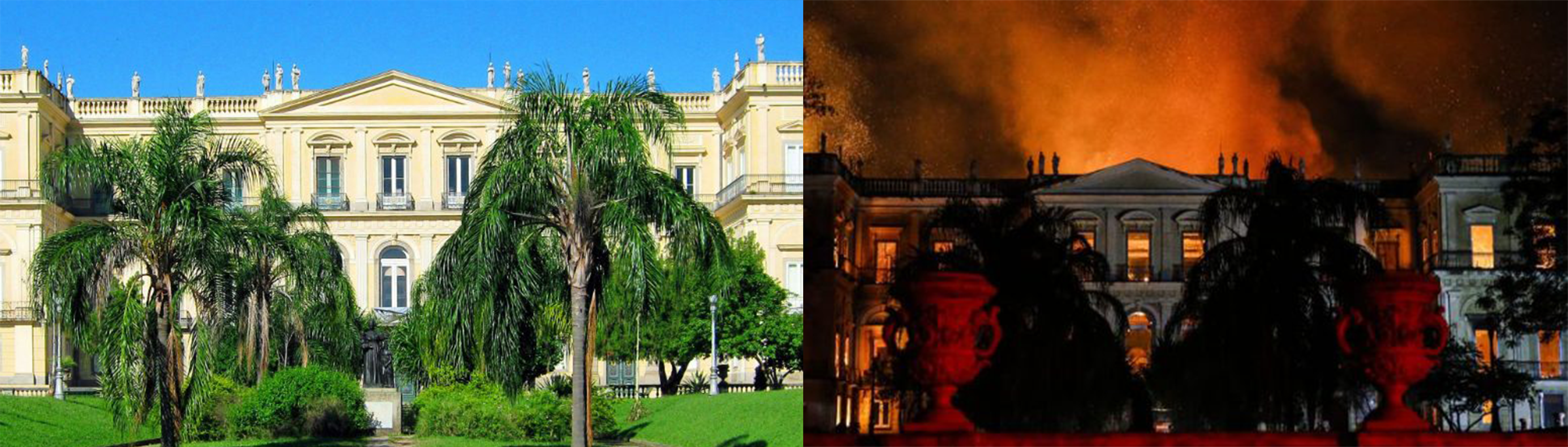 Fachada do Museu Nacional, prédio bicentenário, administrado pela Universidade Federal do Rio de Janeiro. Á direita, registro de como imóvel foi prejudicado pelo sinistro 